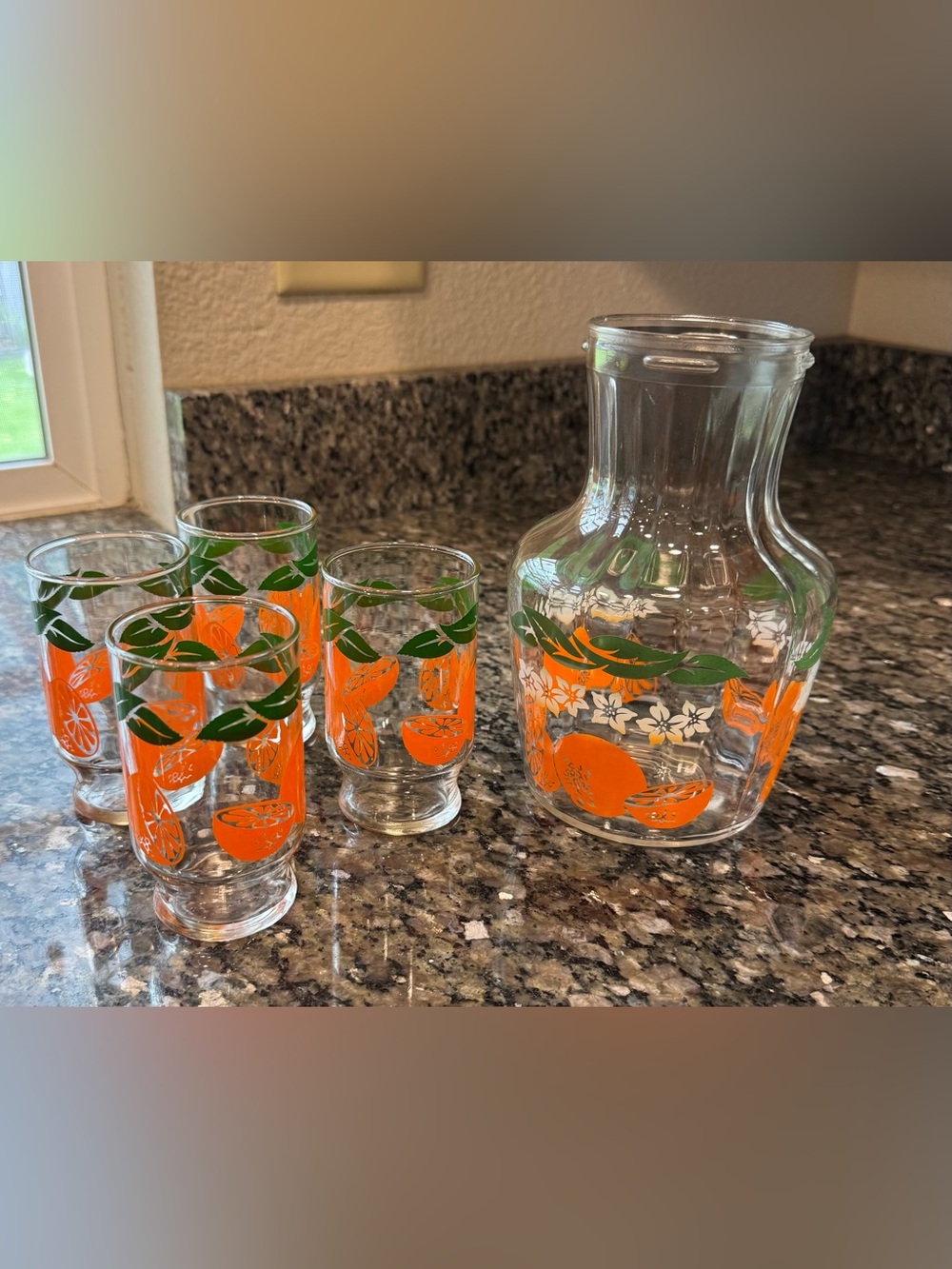 Vintage Anchor Hocking Orange Juice Carafe and 4 Glasses MCM